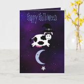 Niedliche Kuh sprang über das MondHalloween Karte (Gelbe Blume)