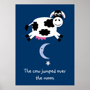 Niedliche Kuh sprang über das Mondplakat Poster