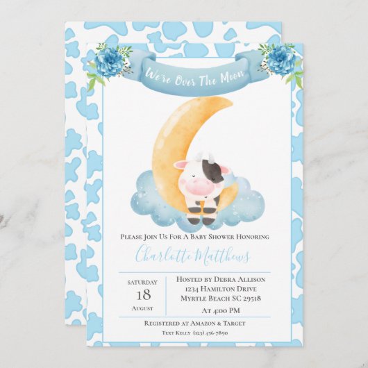 Niedliche Kuh über dem Mond Blue Baby Dusche Einladung (Vorne/Hinten)