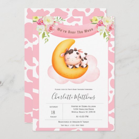 Niedliche Kuh über der Mond Babydusche Einladung (Vorne/Hinten)