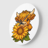 Niedliche Kuh und Sonnenblumen Große Wanduhr (Winkel)