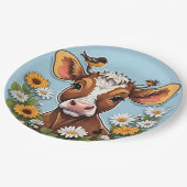 Niedliche Kuh und Vögel mit Blume Pappteller (Schrägansicht)