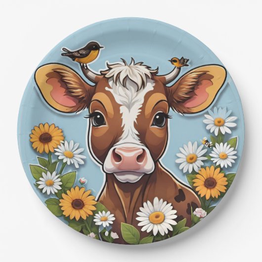 Niedliche Kuh und Vögel mit Blume Pappteller (Vorderseite)