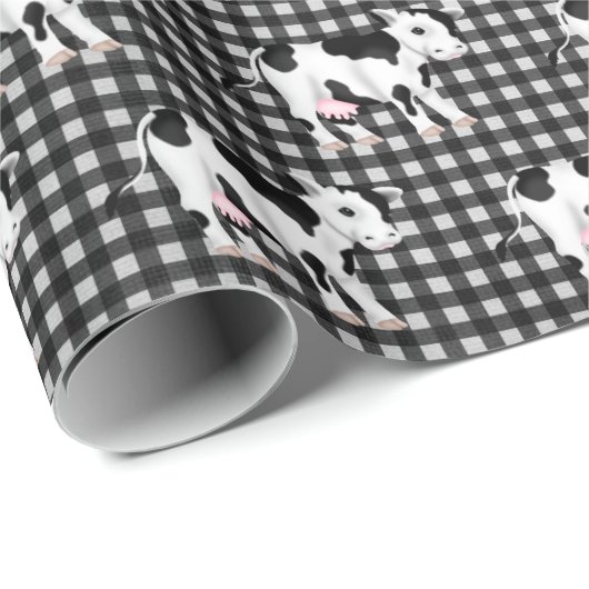 Niedliche Kühe auf Gingham Geschenkpapier (Rolleneckpunkt)