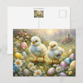 Niedliche Küken auf einer Wiese mit Ostereiern, Vi Postkarte