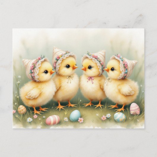 Niedliche Küken in Osterbonnets Postkarte (Vorderseite)