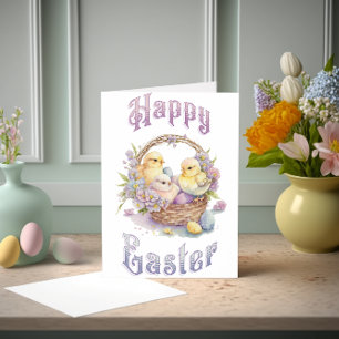 Niedliche Küken und Eier in einem Korb Wasserfarbe Karte