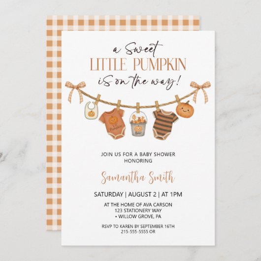Niedliche Kürbiskleider Herbstdusche Baby Einladung (Vorne/Hinten)