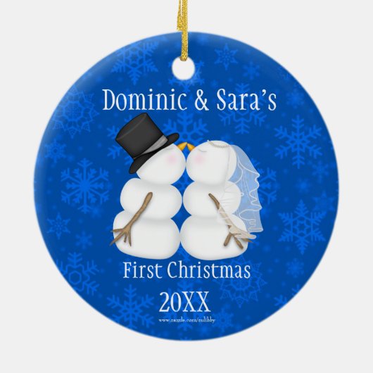 Niedliche küssende Snowman-erste Keramik Ornament (Hinten)