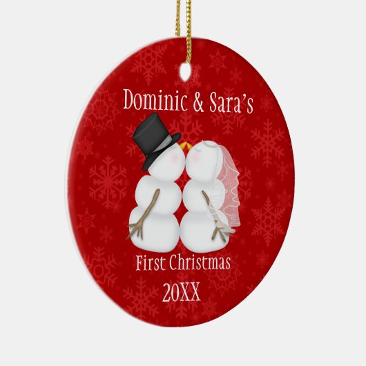 Niedliche küssende Snowman-erste Keramikornament (Rechts)