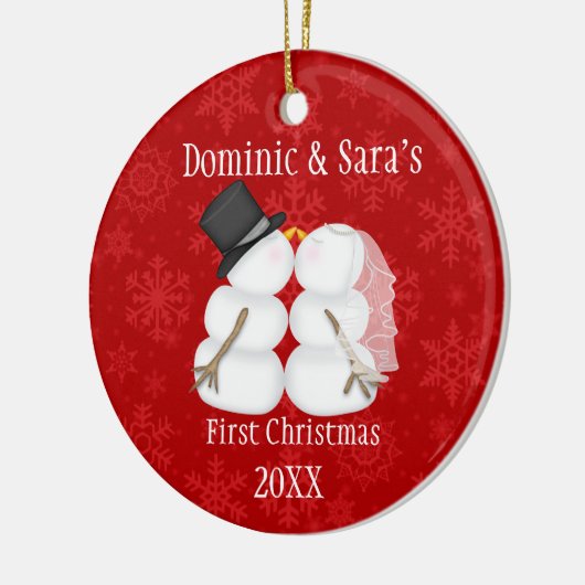 Niedliche küssende Snowman-erste Keramikornament (Links)