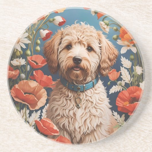 Niedliche Labradoodle-Daisy- und Mohnblüte-Blume Getränkeuntersetzer (Vorne)