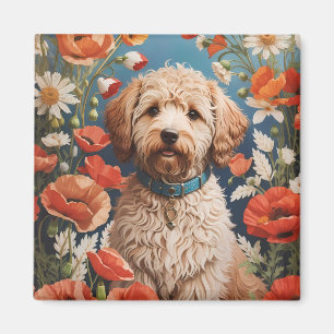 Niedliche Labradoodle-Daisy- und Mohnblüte-Blume Magnet