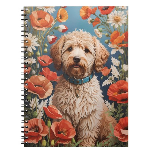 Niedliche Labradoodle-Daisy- und Mohnblüte-Blume Notizblock (Vorderseite)