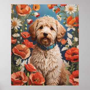 Niedliche Labradoodle-Daisy- und Mohnblüte-Blume Poster