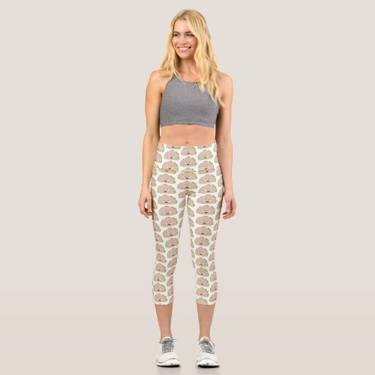 Niedliche Lächelnde Taco-Cartoon-Illustration Capri Leggings (Vorderseite)