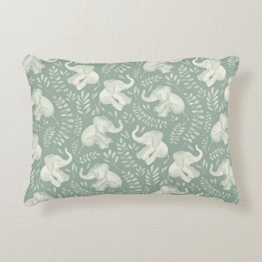 Niedliche lachende Elefanten in Cream und Sage Gre Dekokissen (Vorderseite)