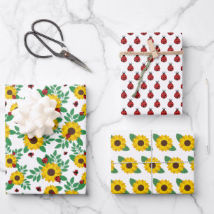 Niedliche Lady Bugs & Sonnenblumen Muster Geschenkpapier Set
