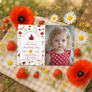 Niedliche Ladybug 1. Geburtstag Foto Einladung