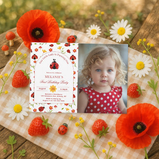 Niedliche Ladybug 1. Geburtstag Foto Einladung