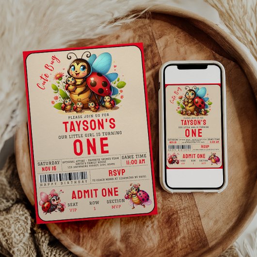 Niedliche Ladybug 1. Geburtstag Party Einladung