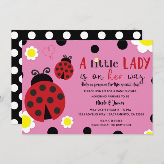Niedliche Ladybug Blume Pink Girls Babydusche Einl Einladung (Vorne/Hinten)