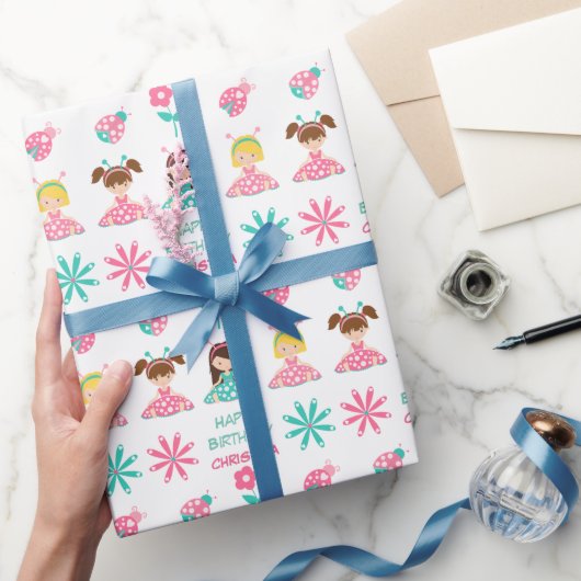 Niedliche Ladybug Girls Personalisiert Geburtstag Geschenkpapier (Schenken)
