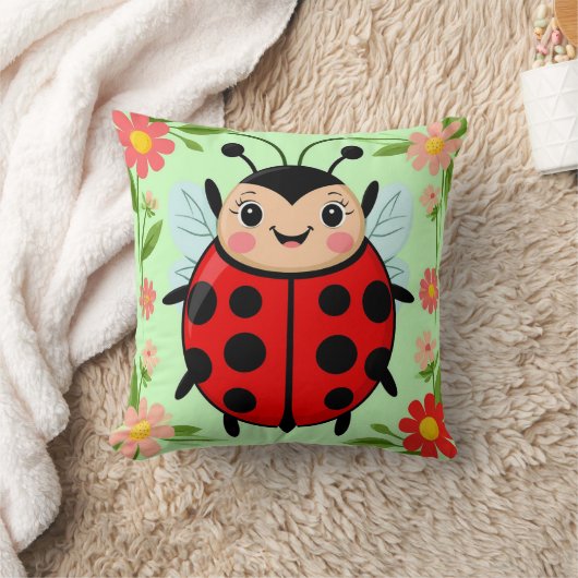 Niedliche Ladybug Illustration umgeben von Blume Kissen (Decke)