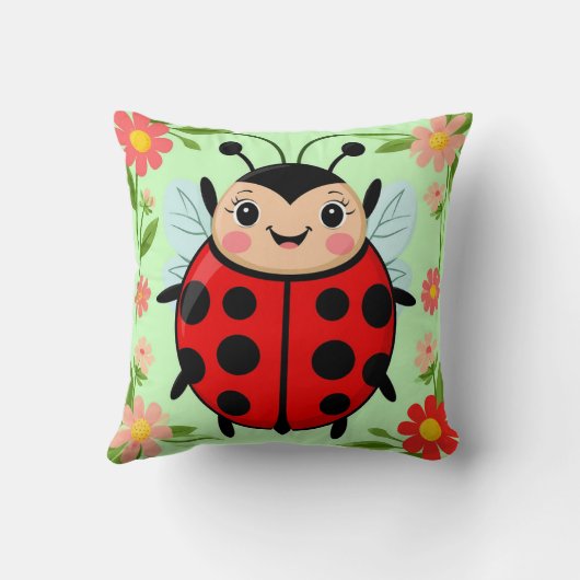 Niedliche Ladybug Illustration umgeben von Blume Kissen (Rückseite)