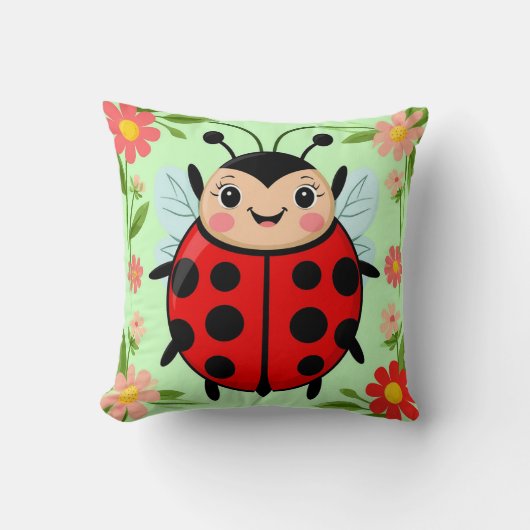 Niedliche Ladybug Illustration umgeben von Blume Kissen (Vorderseite)