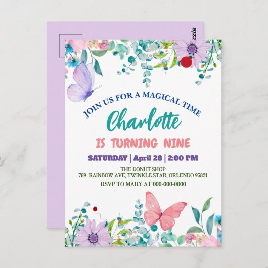 Niedliche Ladybug Polka dot floral Blume Geburtsna Postkarte (Vorne/Hinten)