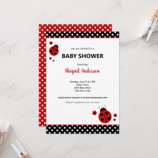 Niedliche Ladybug Polka Dots Babydusche Einladung (Vorderseite/Rückseite Beispiel)