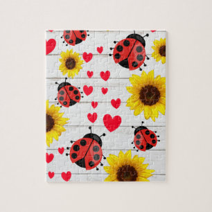 Niedliche Ladybug Sonnenblume und Herzgeschenk Puzzle