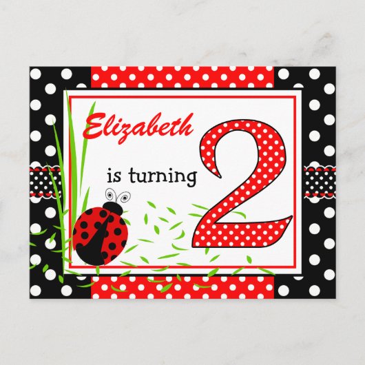 Niedliche Ladybugs 2. Geburtstag Einladungspostkarte (Vorderseite)