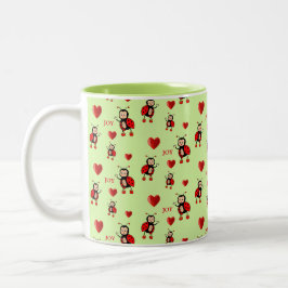 Niedliche Ladybugs, Herz & Joy Text auf Light Gree Zweifarbige Tasse