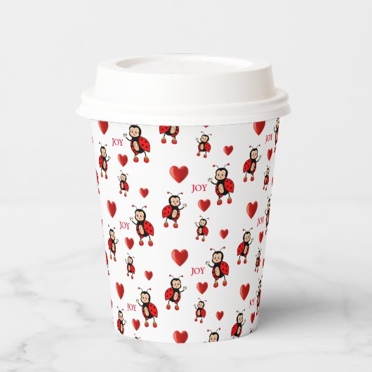Niedliche Ladybugs, Herz & Joy Text auf Weiß Pappbecher (Links)