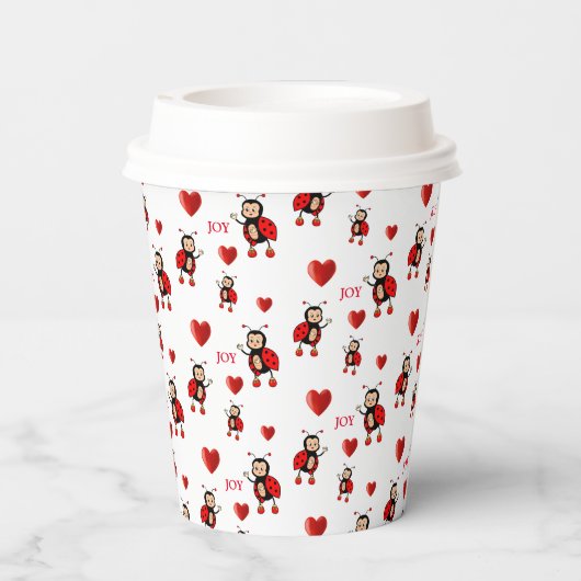 Niedliche Ladybugs, Herz & Joy Text auf Weiß Pappbecher (Rückseite)