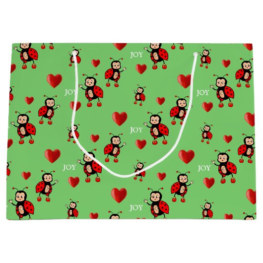 Niedliche Ladybugs, Herz und Jootext auf Light Gre Große Geschenktüte (Vorderseite)