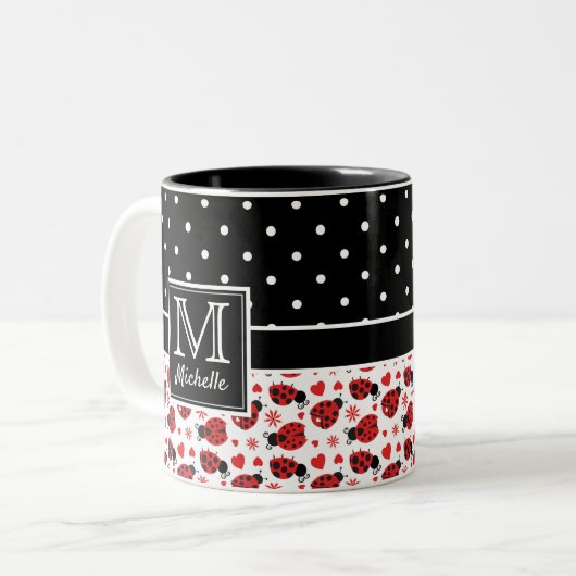 Niedliche Ladybugs Polka Dot Monogram Zweifarbige Tasse (Vorderseite Links)