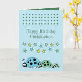 Niedliche Ladybugs Sterne Blauer Kindergeburtstag Karte (Gelbe Blume)