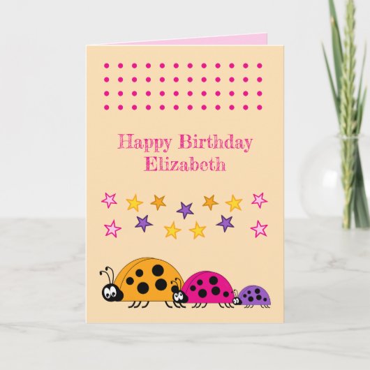 Niedliche Ladybugs Sterne Rosa Kindergeburtstag Karte (Vorderseite)