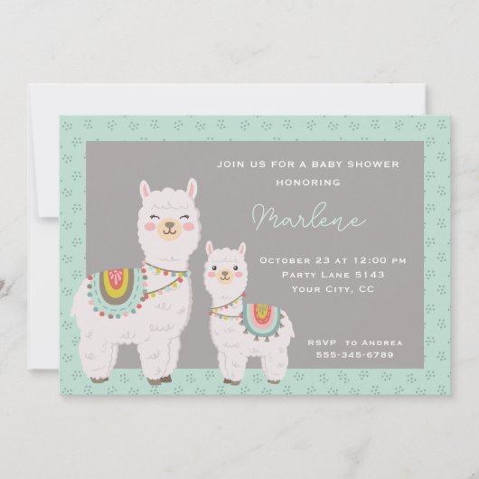 Niedliche Lama-Aqua und graue Babydusche Einladung (Vorderseite)