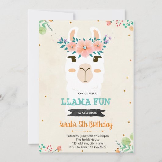 Niedliche Lama-Geburtstagsdusche Einladung (Vorderseite)
