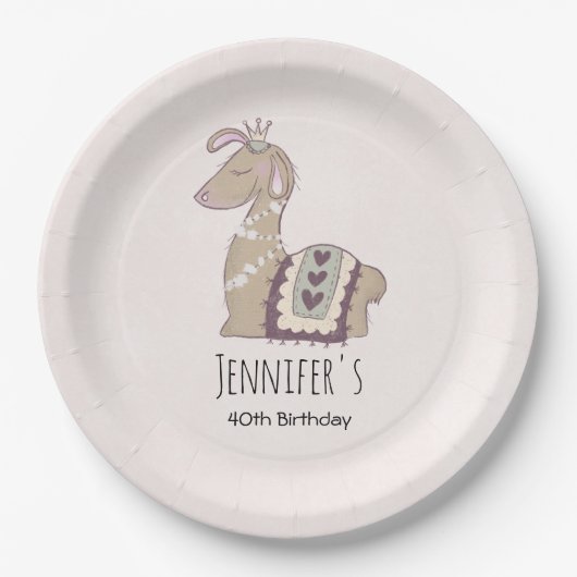 Niedliche Lama-Prinzessin trägt eine Krone zum Geb Pappteller (Vorderseite)