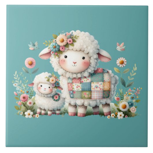 Niedliche Lämmer mit Akzenten aus Blumen und Patch Fliese (Vorderseite)