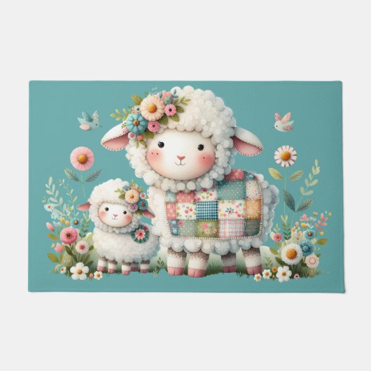 Niedliche Lämmer mit Akzenten aus Blumen und Patch Fußmatte (Vorderseite)
