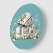 Niedliche Lämmer mit Akzenten aus Blumen und Patch Große Wanduhr (Winkel)