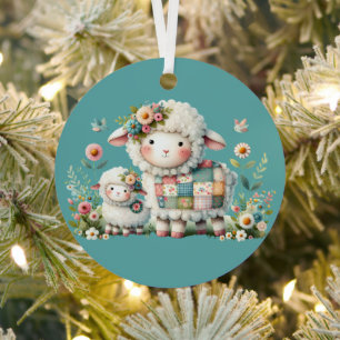 Niedliche Lämmer mit Akzenten aus Blumen und Patch Ornament Aus Metall
