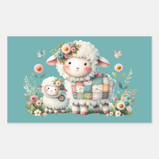 Niedliche Lämmer mit Akzenten aus Blumen und Patch Rechteckiger Aufkleber (Vorderseite)