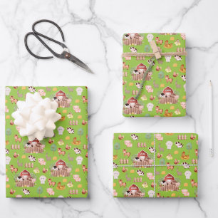 Niedliche Landtiere auf hellgrünen Flächen Geschenkpapier Set
